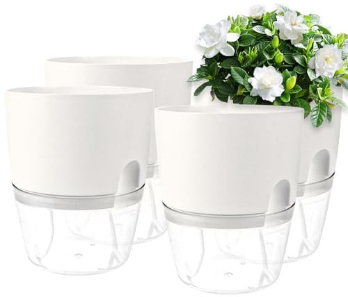 MUXHEL Set di 4 vasi da fiori in plastica con sistema di irrigazione, 15,3 cm, con sistema di irrigazione, autoirrigante, con serbatoio dell'acqua