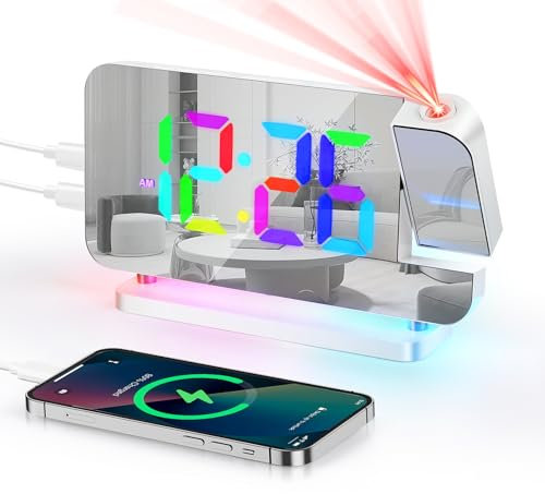 Euakee Sveglia Digitale, Sveglia con Proiezione, Orologio a Specchio LED da 7,4”, Luce Notturna a 10 Colori, Proiettore Ruotabile di 180°, Caricatore USB-C per Bambini Cameretta (Bianco)
