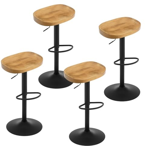 WOLTU Sgabelli da Bar Set di 4, Sgabelli da Bar per Colazione in Legno Massiccio, Sgabelli da Cucina a Sella, Altezza Regolabile, Sgabelli Girevoli a 360° con Poggiapiedi, legno scuro,BH413dc-4
