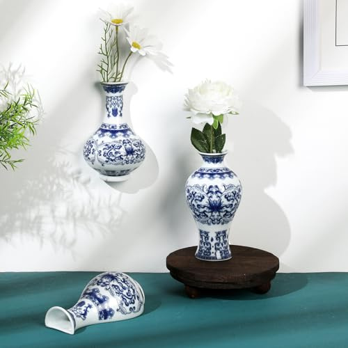 Qinyoung Chinoiserie - Juego de 3 jarrones de cerámica para Colgar en la Pared, de Porcelana Azul y Blanca, para Colgar Plantas, para Colgar en la Pared, jarrón Vintage para decoración rústica de