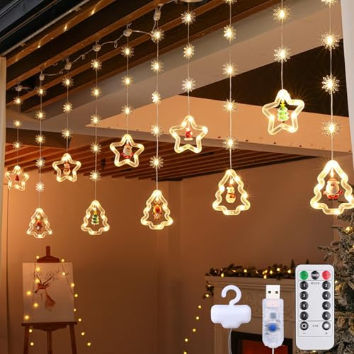 RANJIMA Iluminación Navideña LED para Ventana, 3 x 0,5 M, Decoración Navideña, Estrellas, 8 Modos, USB, Lluminación para Ventana, Cadena de Luces cColgantes, Copos de Nieve, Decoración Interior