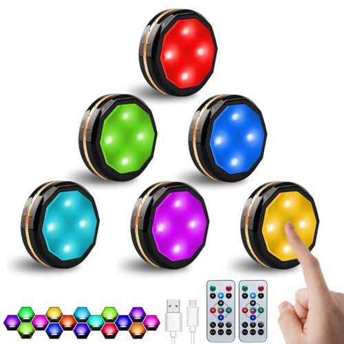 POCKETMAN 6 stycken LED RGB dimljus inbyggt batteri, 16-färgad vitrinbelysning, magnetisk installation, touch skåpbelysning, USB-laddning, trådlös fjärrkontroll ljus, sovrum (svart)