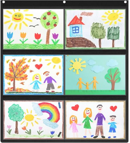 MotiMind 1 Pcs 6 Pockets Black Classroom Chart with Large Pockets 28.3 x 24.4 in, A4 Classroom Schedule Pocket Chart for Cards, Drawing, Pictures, Homework, Teacher Office Activities