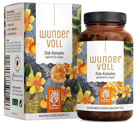 Zink hochdosiert 25mg - 3-fach Vitamin C Zink Kapseln - 90 Tage Vorrat - vegan - in Deutschland produziert & laborgeprüft - NATURTREU® Wundervoll