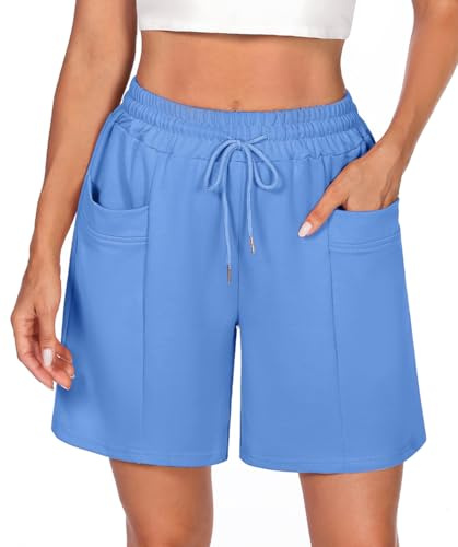 Demegimi shorts, bermudashorts, korta sportbyxor, knälånga sweatshorts, sommar, sport, shorts, hög midja, ledig, korta byxor, bomull med fickor, Ljusblå, M