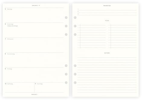 Kalendereinlagen 2026 | 1Woche2Seiten | DIN A5, 120g Naturweiß-Papier | für Ringbuch Organizer | Design Focus