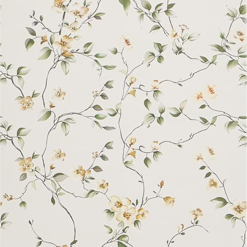 FENTIS Papier Peint Revêtement Vinyle Plastique Adhésif Beige Papier Peint pour Salon Motif Feuilles et Fleurs Amovible Papier Adhésif pour Cuisine Armoire Porte 44,5x500cm