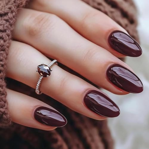 Nymora Set de 30 Faux Ongles Press on Nails Rouges, Ongles Autoadhésifs Courts en Forme d’Amande avec Dégradé Vin Rouge, Set d’Ongles Réutilisable avec Tabs Adhésifs & Limette