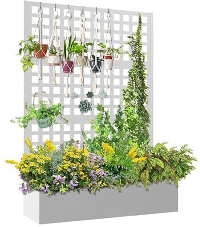 Hapihom Blumenkasten mit Sichtschutz, 120x40x180cm Pflanzkasten mit Rankgitter, Drainagelöchern & Feststellbaren Rollen, Rankhilfe aus Metall für Innen & Außen, Garten, Terrasse und Balkon - Weiß