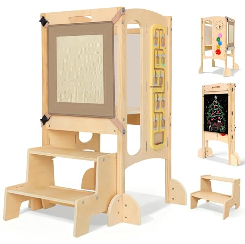 Hopfällbart lärtorn i trä från 1 år, Montessori 5-i-1 multifunktionell barnstegsstol med bräda & 360° lutningsskydd, skyddsnät, höj- och sänkbart lärtorn för kök
