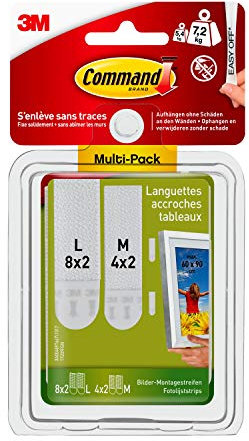 Command Klebestreifen, Vorteilspack 4x2 Mittel und 8x2 Größe L (24 Strips), Weiß - Bilder Aufhängen ohne Bohren, Streifen halten bis zu 7,4 kg, Rückstandsfreies Ablösen