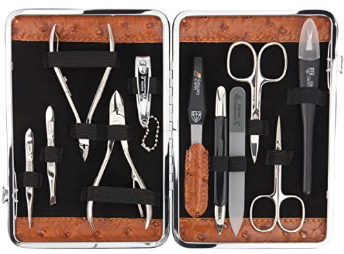 DREI SCHWERTER Germany Maniküreset ´Fano` Nagelset mit Nagelschere, Hautschere, Nagelzange und vielem mehr - 11-teilig im stabilen Rahmenetui - cognac/Straussimitat