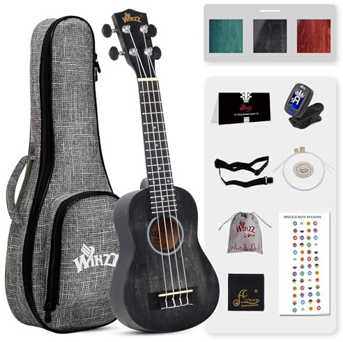 WINZZ HAND RUBBED Series - 21 Inches Soprano Ukulele Vintage Hawaiian Uke with Online Lessons, Bag, Tuner, Strap, Extra Strings, Fingerboard Sticker, Black