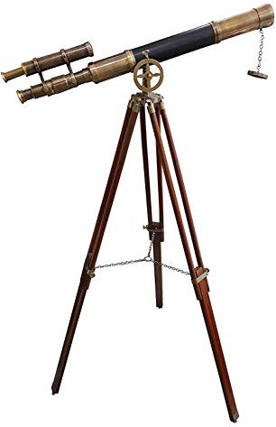 Maritime Brass Antique Double Barrel Designer Telescope with Wooden Tripod Floor Standing Telescopic tripods