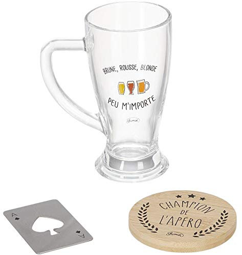Le Fabuleux Shaman 40-2X-005 Coffret bière Champion de l'apéro Brune rousse blonde Peu m'importe Chope Dessous de verre Décapsuleur Transparent beige et gris Verre bois et métal H8,5 x 18 x 23,5 cm