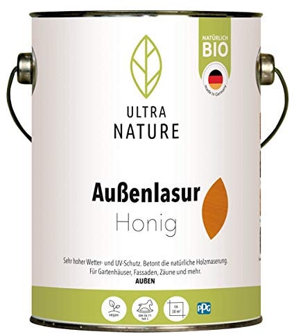 ULTRA NATURE Lasure pour extérieur, 2,5 l, miel, végétalien, bio, sans solvant, lasure de protection du bois.