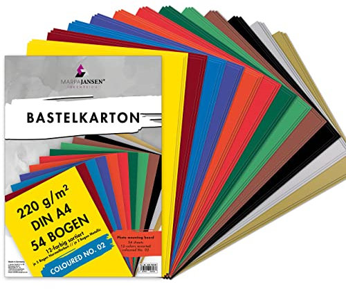 MarpaJansen Bastelkarton, 12 Farben, inklusive 2 Gold- und 2 Silberbogen, DIN A4, 54 Blatt, 220g/qm