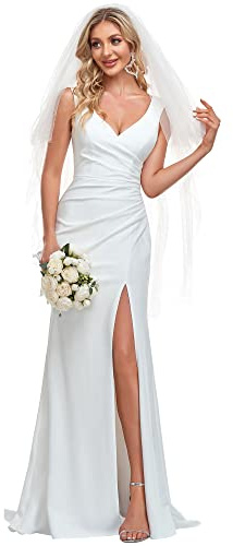 Ever-Pretty Women’s V Neck Sleeveless Bridal Wedding Dress with Slit Floor Length Mermaid Gown for Bride White US22