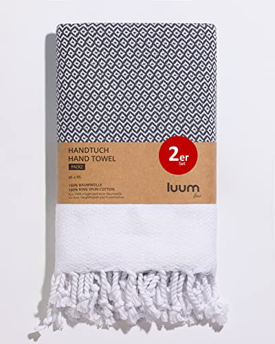 Luum® 2er Hamam Handtücher Set, Sport Handtuch Set, Turkish Towel Set, Haar Handtuch Set, 100% ringgesponnene Baumwolle, schnelltrocknend, fusselfrei, Anthrazit, 45x95, Geschenkset