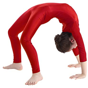 inhzoy Mädchen Gymnastikanzug Ganzkörper Turnanzug Langarm Jumpsuit Overall Einteile Ballettkleidung Tanzanzug Sport Bodysuit Trainingsanzug Rot 146-152/11-12 Jahre