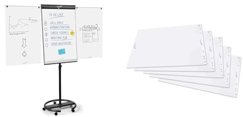 Legamaster 7-153600 Universal Flipchart Triangle Rundfuß, schwarz & 7-156000 Flipchart-Papier, 5 Blöcke mit je 20 Blatt, blanko