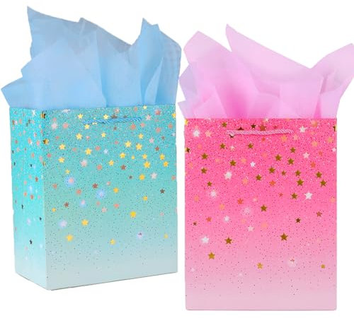 2x Geschenktüten Mittlere Größe mit Seidenpapier, Papiertragetaschen Geschenktüten, Geburtstagstüte Geschenkverpackung zum Geburtstag, Papier Geschenktüten Geburtstag,Geschenktasche für Männer Mädchen