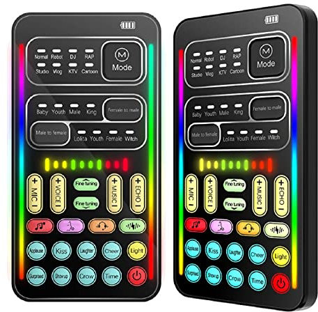 Tragbarer Sprachwechsler, Live-Soundkarte mit 8 Sprachänderungen, Soundkarte mit Coolen LED-Leuchten, Sprachverzerrer, Modulator für PS4 für PS5 für One für PC, Telefon,