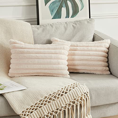 Joyouth Confezione da 2 Federe Cuscini Copricuscini di pelliccia sintetica a doppia faccia, fodere di cuscino a strisce morbide e soffice per divano, camera da letto Beige 30x50 cm