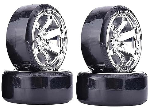 KINGCOO RC Drift Car Wheel and Tyre, 4PCS 63mm Hard Tires Plastic Wheel Rims for 1/10 On-Road Racing Drifting Car Spare Parts for HSP Tamiya HPI Kyosho(Silver)