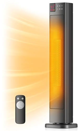 PELONIS 30” Ceramic Tower Space Heater with Adjustable Thermostat for Large Room, 75° Oscillation, Remote Control & 12H Timer, Tip-Over Switch & Overheating Protection, 1500W, PHF15RSAPH30, Black