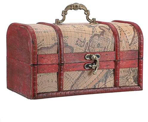IGNPION Wooden Pirate Treasure Chest Box with Map Motifs, Vintage Style Gift Box, Home Decorative Shelf Chest Jewelry Trinket Storage Box, Wood Keepsake Box (Medium)