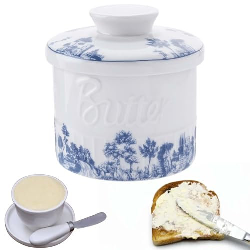 Beurrier français, en céramique, rond, cloche à beurre, récipient à beurre en porcelaine, vintage, avec couvercle pour conserver du beurre frais, doux et prêt à être consommé