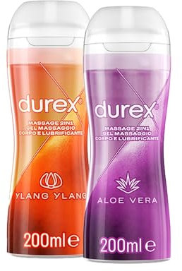 Durex Massage 2 in 1, Lubrificante Sessuale Intimo a Base d'Acqua, Gel Lubrificante per Rapporti Intimi, Ylang Ylang 200 ml e Aloe Vera 200 ml