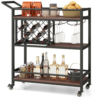 GOPLUS Desserte Cuisine à roulettes, Chariot de Service Roulant à 3 Niveaux avec Supports à Verres à Pied, Casier à Vin, Poignée ratique, pour Cuisine, Salle à Manger, Salon(Noyer)