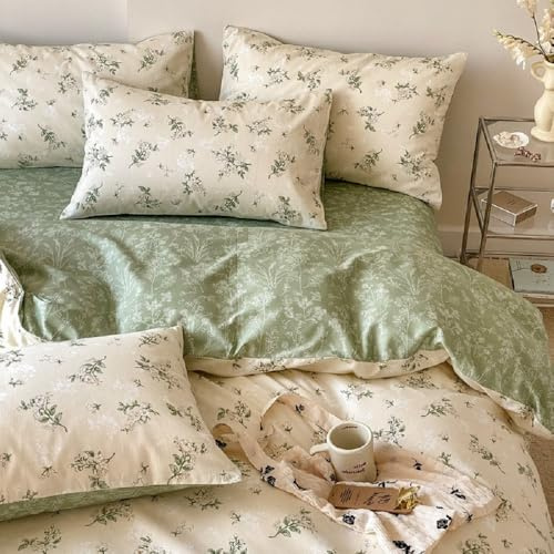 Lanqinglv Bettwäsche 155x220 Baumwolle Blumenmuster,Beige Grün Pflanzen