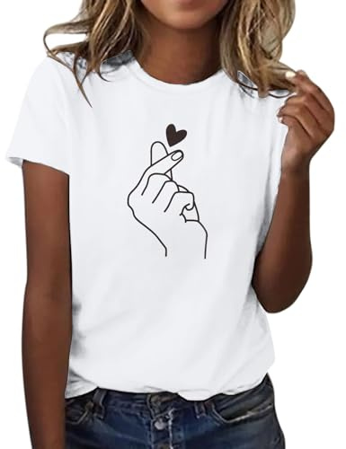 Camisa con Estampado De Corazón Y Dedo para Mujer, Camiseta De Manga Corta con Cuello, Top De, Ropa Informal Ligera Y para Verano Camiseta Divertida Mujer Camisas Mujer 2024 Manga Corta