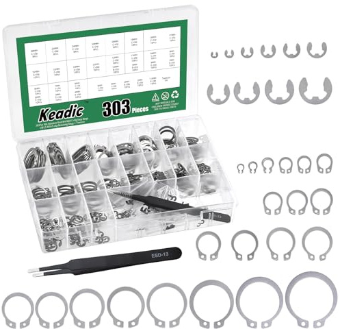 Keadic Lot de 303 anneaux de sécurité extérieurs M4-M28, 21 tailles [1,5 mm-10 mm] et clips de sécurité pour vagues cannelées (acier inoxydable 304)