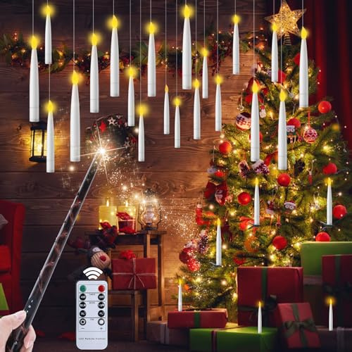 EXTSUD 20PCS Bougies LED Flottantes avec Baguette Magique et Télécommande à 10 Touches – Bougies Noël Bougies Suspendues à Piles avec Flamme Vacillante pour Décorations de Noël Fête Halloween Mariage