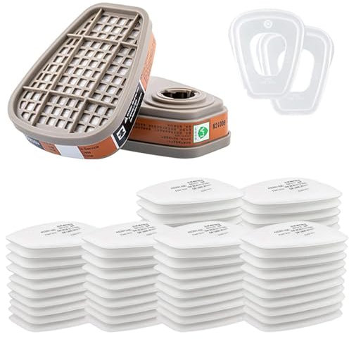 Kit d'Accessoires Filtrants 6001 pour une Protection Faciale Optimale - Filtre Respiratoire avec 60 Cotons Filtrants, 2 Cartouches Filtrantes et 2 Couvercles - Compatible avec 6001/6200/7501/7502/6800