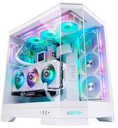 Abysm Gaming Danube SAVA H600 White E-ATX Gamer PC-Gehäuse mit 3 Paneelen aus gehärtetem Glas, 4 x 120 mm ARGB-Lüfter, Controller, Unterstützung für GPU und PCIe 4.0 Riser Kabel 16x