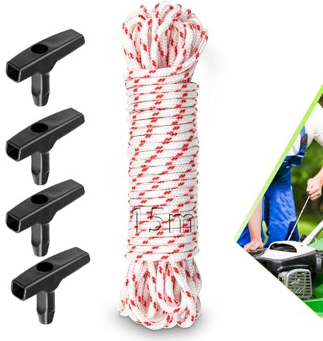 TXXATX 4 mm Lawnmower Pull Cord 15m/49.2Ft Pull Cord for Petrol Lawnmower With 4 Pcs Pull Cord Handle Recoil Starter Rope Replacement Universal Engine Starter for Petrol Lawnmower Trimmer Chainsaw