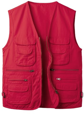 Yukirtiq Fiskeväst för män med flera fickor Gilet bomull resor fotografi Gilet hund träningsväst utomhus safari västar, Röd, M