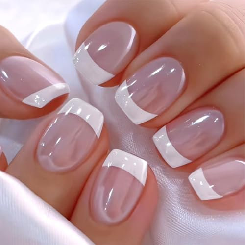 LunarCharm 24 pièces de faux ongles French tip blancs, ongles postiches carrés courts, ongles collants roses, couverture complète, ongles en acrylique, réutilisables