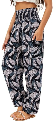 QIANXIZHAN Women's Harem Pants, High Waist Yoga Boho Trousers with Pockets Sepia L