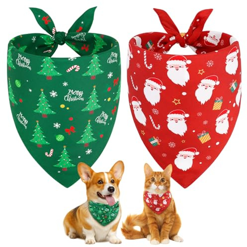 SZEE Lot de 2 Bandanas de Noël pour Chiens – Foulard Festif pour Chiens & Chats avec Motifs Père Noël et Sapin, Écharpe Douce Lavable, Accessoire Idéal comme Cadeau pour Animaux,S