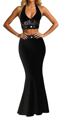 Ensemble jupe longue élégante pour femme, robe en dentelle tendance avec bretelles creuses pour les vacances quotidiennes et les loisirs, Noir , S