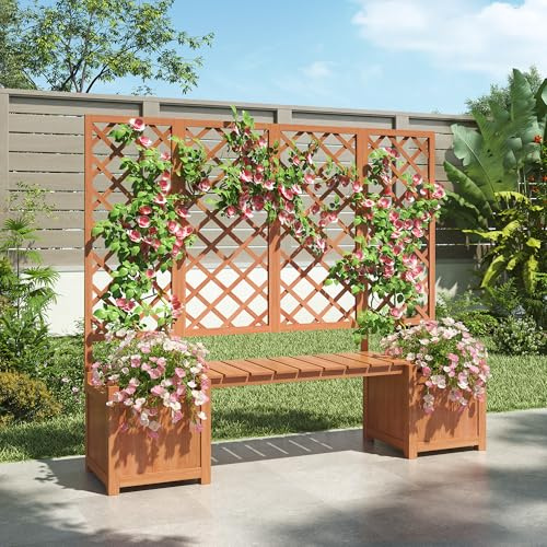 Fioriera con traliccio e seduta, in legno di abete massiccio, grigio, 169 x 145 x 42 cm, per piante rampicanti, terrazza e giardino (grigio-A)