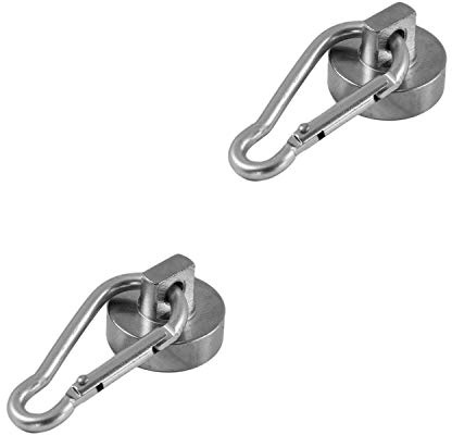Magnetastico | 2 x neodym-krukmagnet med karbinhakar, hållkraft 22 kg & 25 mm Ø| stålmagnetkroksystem med krok, karbinhake | kraftig neodym-magnet, karbinmagneter med krok extra stark