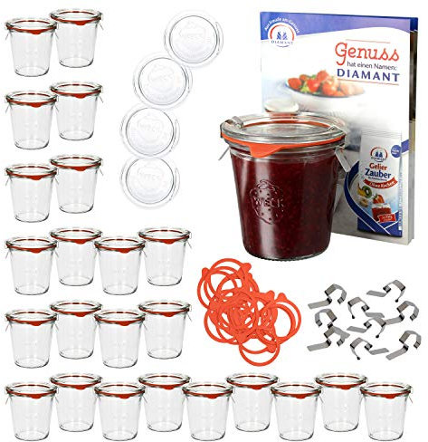 MamboCat 24er Set Weckgläser mit Deckel Einkochring Klammern I Original Weck Sturzgläser 290ml I Einweckgläser für Kuchen Gelees UVM I Marmeladenglas inkl. Diamant-Zucker Gelierzauber Rezeptheft