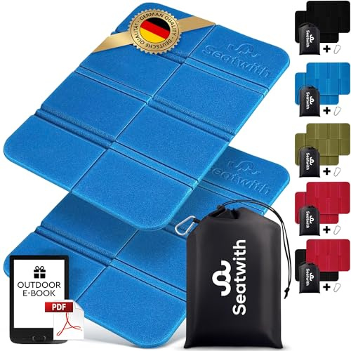 Seatwith Pieghevole 2 Pezzi - Tappetino Campeggio Isolante con Borsa Trasporto - Poggiapiedi Piscina con Moschettone da Zaino - Protezione da Freddo, Bagnato e Sporco + E-Book